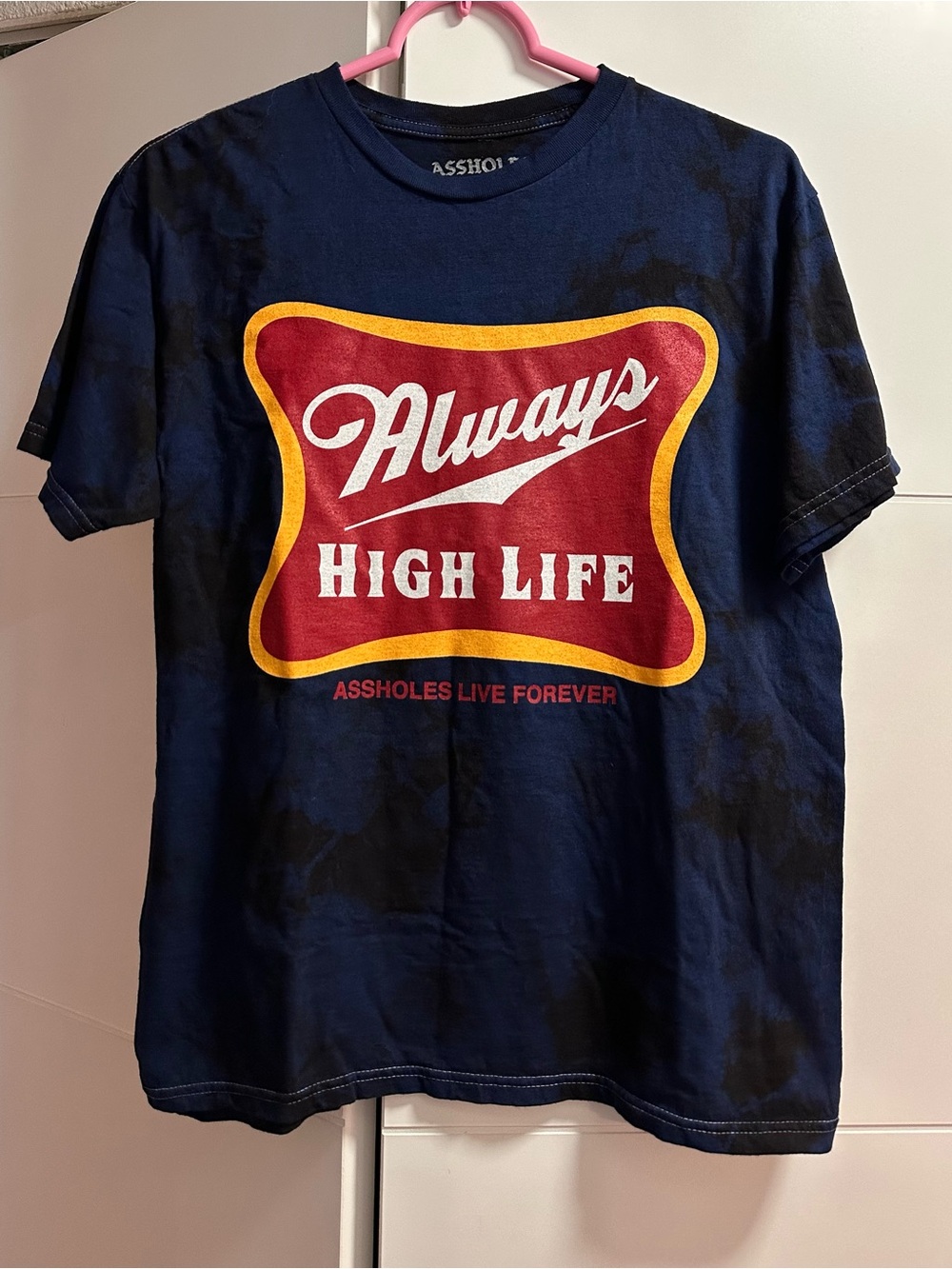 Assholes Live Forever Miller Always High Life Tie Dye Tee Black Blue Red Medium